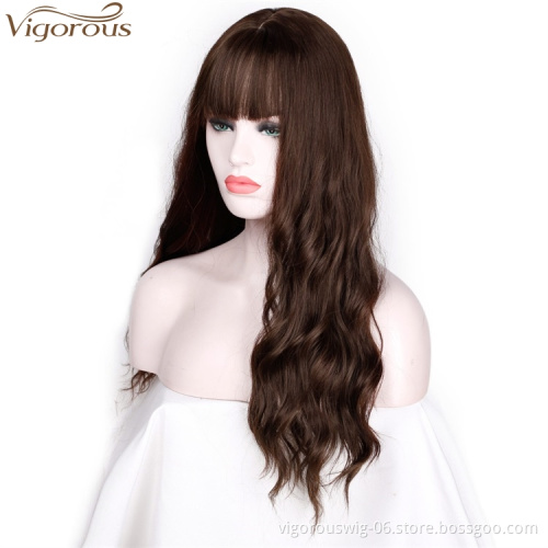 Vigorous 24 Inches Long Wavy Women's Wig Dark Auburn Hair With Bangs Natural Wavy High Temperature Fiber Wig Wholesale